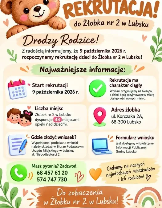Żłobek nr 2 w Lubsku ogłasza nabór – 48 miejsc dla najmłodszych
