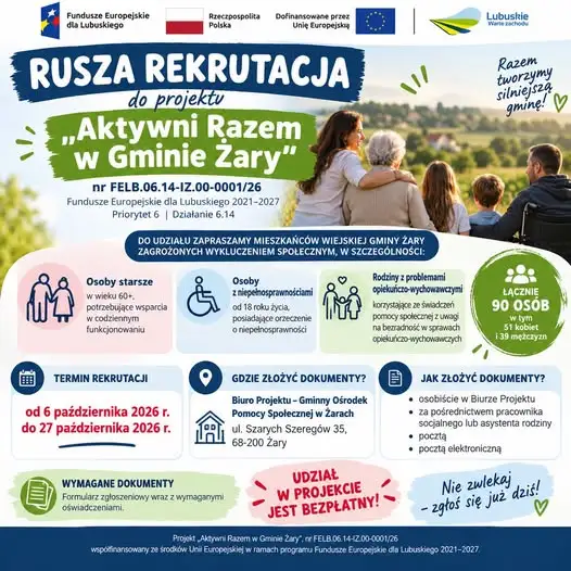 Gmina Żary: rusza nabór do projektu „Aktywni Razem” dla 90 mieszkańców