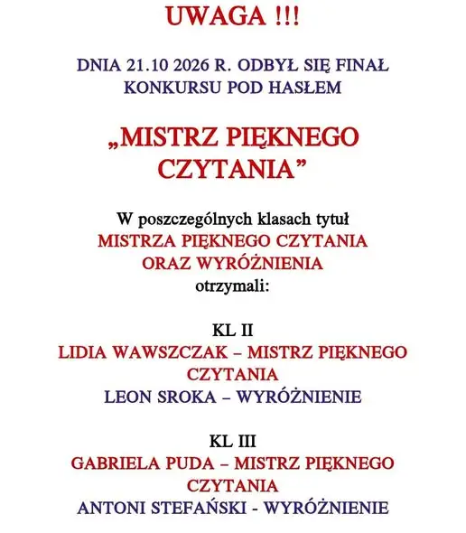 Mistrz Pięknego Czytania w Szkole Podstawowej w Przewozie – znamy laureatów